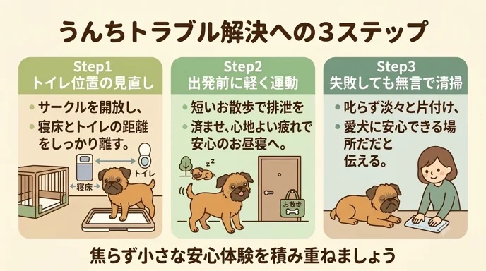 留守番のたびに愛犬がうんちまみれになり、食糞までして悩んでいませんか。我が家も配置見直しや出発前の散歩で克服しました。サークルの開放、事前運動、無言での清掃という「3つのステップ」を実践し、焦らず小さな安心を積み重ねる方法がわかります。
