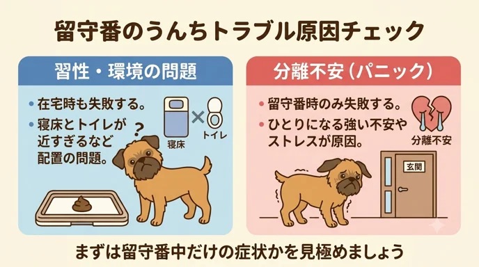 留守番のたびに愛犬がうんちまみれになり、食糞までして悩んでいませんか。実はそれ、単なる失敗ではなく「分離不安」のサインかも。我が家も配置改善で克服しました。習性と不安のどちらが原因かを見極め、今日からできる環境対策がわかります。
