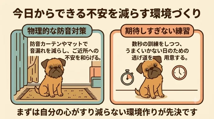出かけるたびに愛犬が吠え、近所への音漏れが不安で疲れていませんか?一人になると鳴き続け、トイレが増えた愛犬と向き合った経験から、防音カーテン等の環境づくりを提案。心がすり減らない防音対策と期待しすぎない練習で、留守番の縛りから解放されます。