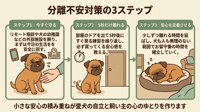 愛犬を置いて仕事に行くのが怖くて悩んでいませんか？わが家の愛犬も姿が見えないだけで部屋を探し回り、私もドアの前で立ち往生しました。今日を乗り切る外部施設の頼り方から、5秒だけ離れて安心を定着させる分離不安対策の3ステップがわかります。
