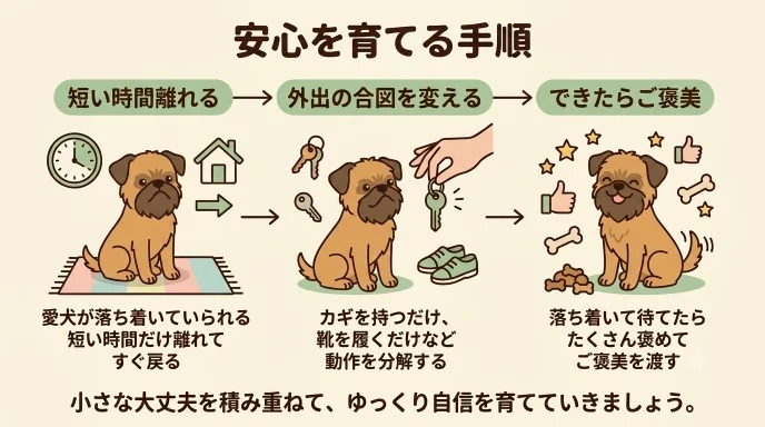 お留守番のたびに愛犬が後追いし、このまま治らないのではと不安になっていませんか？無理な無視より、5秒だけ離れる「0分トレーニング」で安心を育てる手順がわかります。わが家もカギを持つ動作を分解し、できた分だけ「心の貯金」を増やせました。