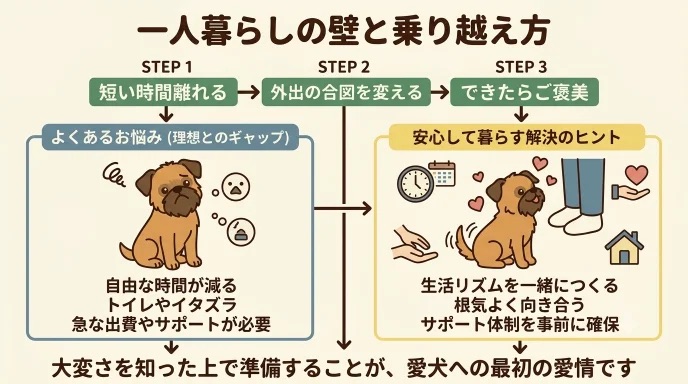 一人暮らしで犬を飼って後悔しないか不安になっていませんか？自由な時間の減少や留守番などの壁も、生活リズムづくりや事前のサポート確保で乗り越えられます。食事時間に起きてくる愛犬と過ごす日常から見えた、後悔しないための備えと心構えをお伝えします。