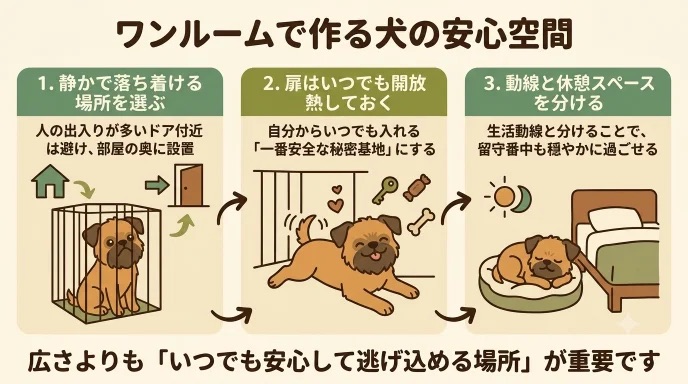 ワンルームの狭さで「愛犬が快適に過ごせるか」と心配になっていませんか？部屋の広さよりも、奥まった場所にケージを置き扉を開けておく配置の工夫が安心の鍵です。食事時間に自分で起きてくる愛犬と暮らす中で見つけた快適な空間づくりのコツを解説します。