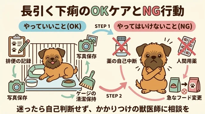愛犬の下痢が1週間も治らないと「何かケアしてあげなきゃ」と焦りませんか？薬の自己中断や急なフード変更は逆効果になることも。排便記録や写真保存といった正しい家庭ケアと、ケージ内を清潔に保って不調を乗り越えた我が家の体験をもとに解説します。
