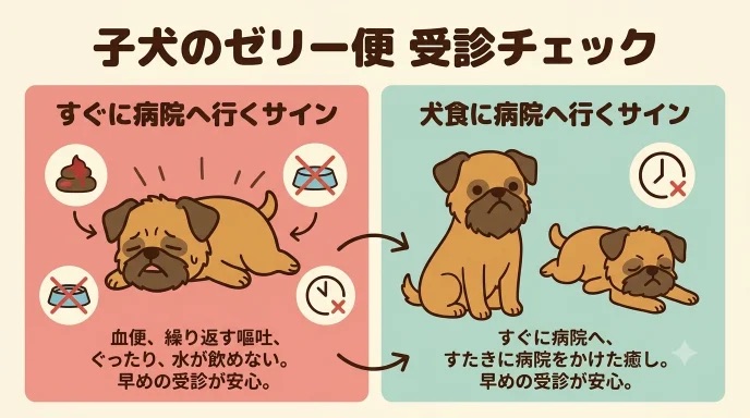 愛犬のゼリー便を見て「すぐに病院へ行くべき？」と不安になっていませんか？血便や繰り返す嘔吐、水が飲めないといった緊急サインの見分け方が分かります。朝だけゼリー便が出た愛犬の写真を撮り、冷静に対応して不調を乗り越えた我が家の体験談は必見です。
