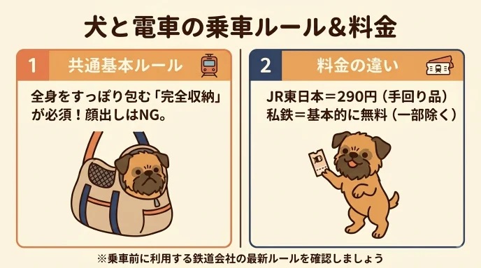 愛犬との電車移動で「料金や乗車ルールってどう違うの？」と戸惑っていませんか？顔出しNGの完全収納ルールやJRと私鉄の料金の違いが分かります。改札を通った瞬間に車内でモゾモゾ動かれ焦った失敗から、正しく準備して克服した実体験は必見です。