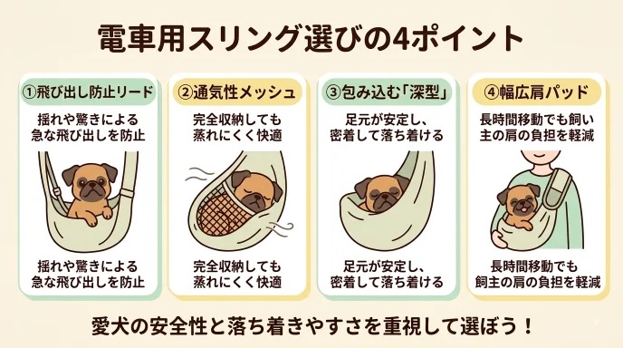 電車内で愛犬が落ち着かず「いきなり乗せるのは早かったかな」と焦っていませんか？焦らず無理のないステップを踏めば愛犬も安心できます。浅いスリングから深型に変え、家での慣らしと1駅移動を重ねて車内で眠れるようになった我が家の歩みをお伝えします。