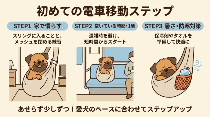 電車の揺れで愛犬が落ち着かず「どんなスリングなら静かに過ごせるの？」と気になりますよね。足元が安定する深型や飼い主の肩の負担を減らすパッドなど選び方のコツが学べます。初乗車でモゾモゾ動かれて焦ったものの、深型スリングで快適に移動できた我が家の工夫をお伝えします。
