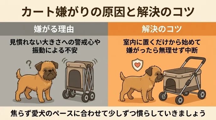 愛犬がカートを怖がり「乗せようとすると嫌がって逃げる」と困っていませんか？大きさへの警戒や振動による不安といった理由と、室内に置くだけから始める解決法が分かります。ソワソワしていた愛犬を置くだけ練習から無理なく慣らした我が家の体験談は必見です。
