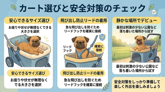 愛犬とカートでお出かけしたいけれど「急な飛び出しや怪我が心配」と不安になっていませんか？お座りや伏せができる適切なサイズ選びや飛び出し防止リードの重要性が分かります。飛び出しそうになった失敗経験から安全対策を徹底した我が家の体験談は必見です。
