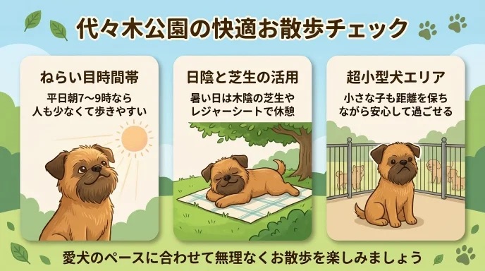 代々木公園で愛犬と快適にお散歩したいけれど「混雑や暑さが心配」と悩んでいませんか?平日朝のねらい目時間帯や木陰の芝生・レジャーシートを活用するコツが分かります。人混みが苦手な愛犬と距離を保ちながら安心して過ごせた我が家の体験談は必見です。