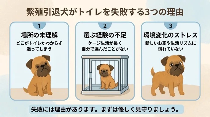 繁殖引退犬のトイレ失敗が続き「成犬なのにどうして覚えてくれないの？」と悩んでいませんか？場所の未理解やケージ生活による経験不足など失敗する3つの理由が分かります。布団などで粗相していた愛犬の理由を理解し優しく見守れた我が家の体験談は必見です。