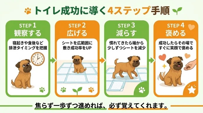 繁殖引退犬のトイレ練習で「具体的な手順が知りたい」と迷っていませんか？広範囲にシートを敷いて徐々に減らすステップや、成功時にすぐ褒めるコツが分かります。布団などで粗相していた愛犬と排泄タイミングを把握し、焦らず成功を増やした体験談は必見です。