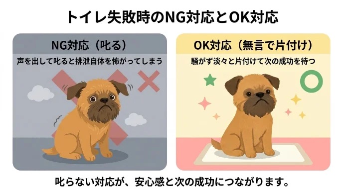 愛犬がトイレを失敗したとき「思わず叱ってしまいそうになる…」と葛藤していませんか？声を出して叱るリスクと、騒がず無言で淡々と片付けるOK対応の大切さが分かります。失敗ばかりだった愛犬に叱らず対応し、安心感を与えて成功につなげた我が家の体験談は必見です。