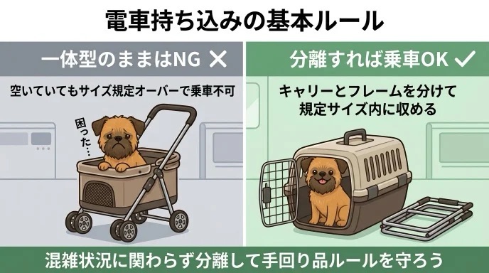 ペットカートのまま電車に乗れるか困っていませんか?一体型のままだとサイズ規定オーバーで乗れない場合があります。キャリーとフレームを分離して規定内に収める基本ルールを解説。メッシュからチラチラこちらを見る愛犬と安全にお出かけしましょう。