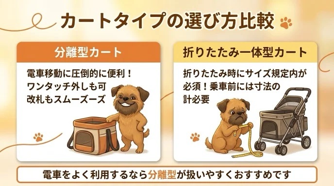 電車移動に使いやすいペットカートの選び方に悩んでいませんか?分離型と折りたたみ一体型の違いやメリットを徹底比較。ワンタッチで取り外せて改札もスムーズな分離型の魅力が分かります。メッシュ越しにチラチラ様子を見る愛犬とお出かけを楽しみましょう。
