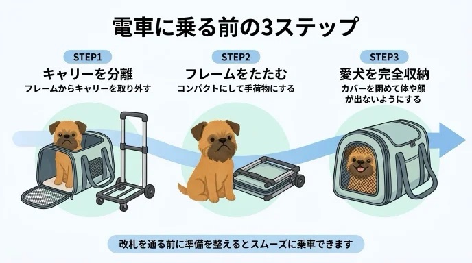 駅で愛犬連れの乗車準備に慌てていませんか?改札を通る前のスムーズな準備手順をご紹介します。キャリー分離・フレーム折りたたみ・愛犬の完全収納という3ステップで解決!メッシュ越しにチラチラ様子を窺う愛犬と安心して電車でお出かけしましょう。